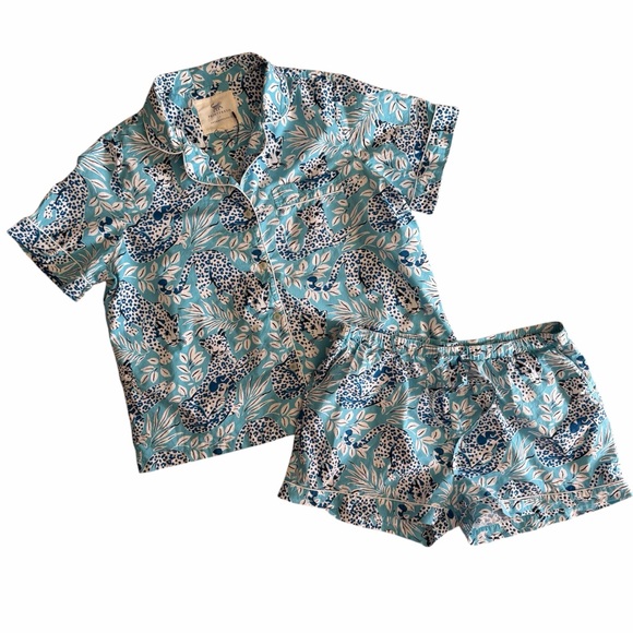 Printfresh + Anthropologie City Cats blue leopard print pajama shorts set NWOT - Picture 2 of 11